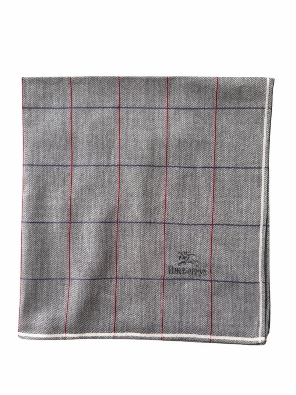 Burberry’s Grey Windowpane Herringbone Pocket Square with Red Purple & Blue Line